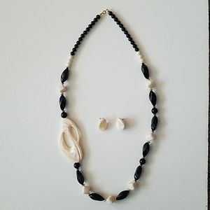 Black and Ivory Beaded Necklace with matching Earr
